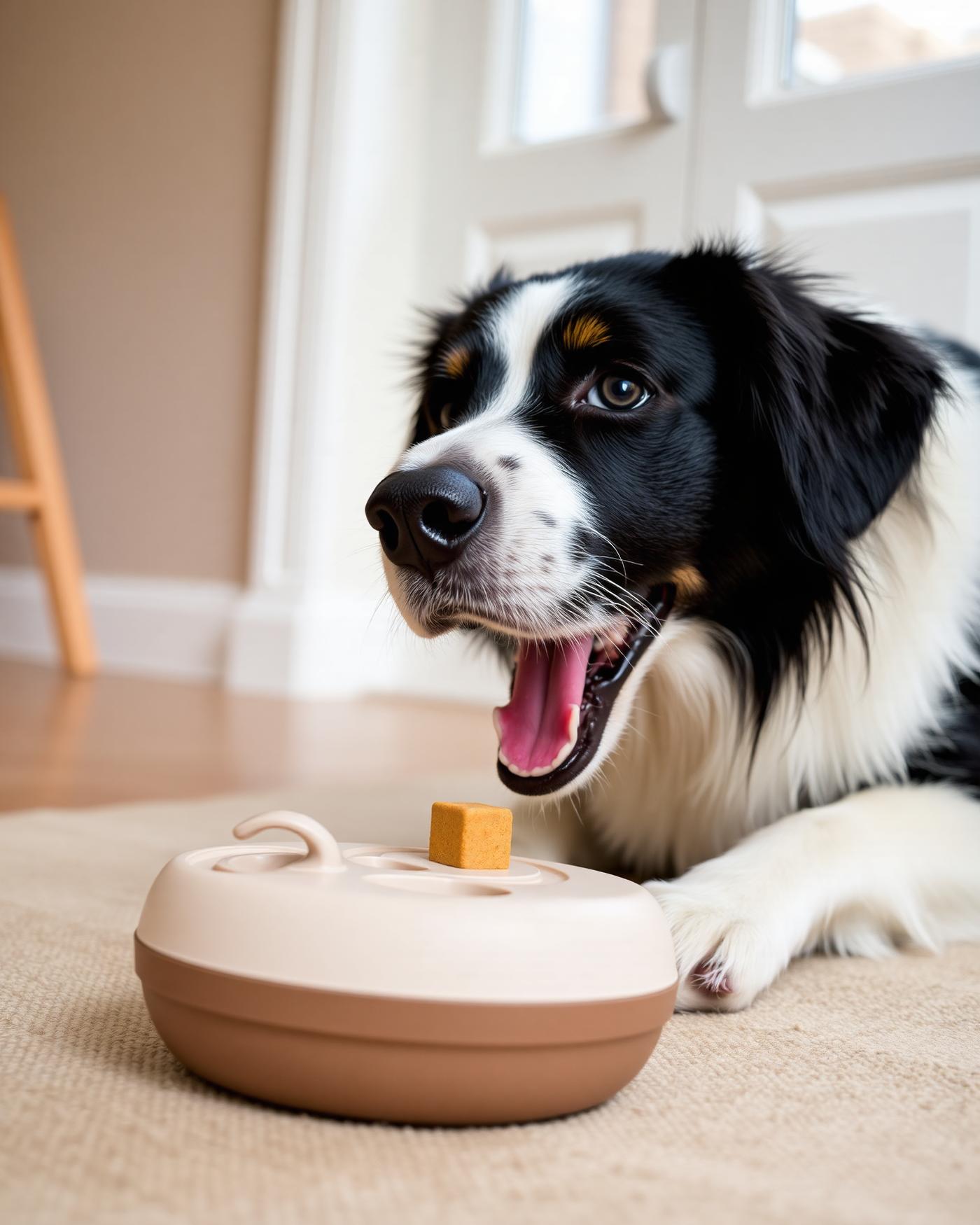 Border collie engaged with an enrichment toy