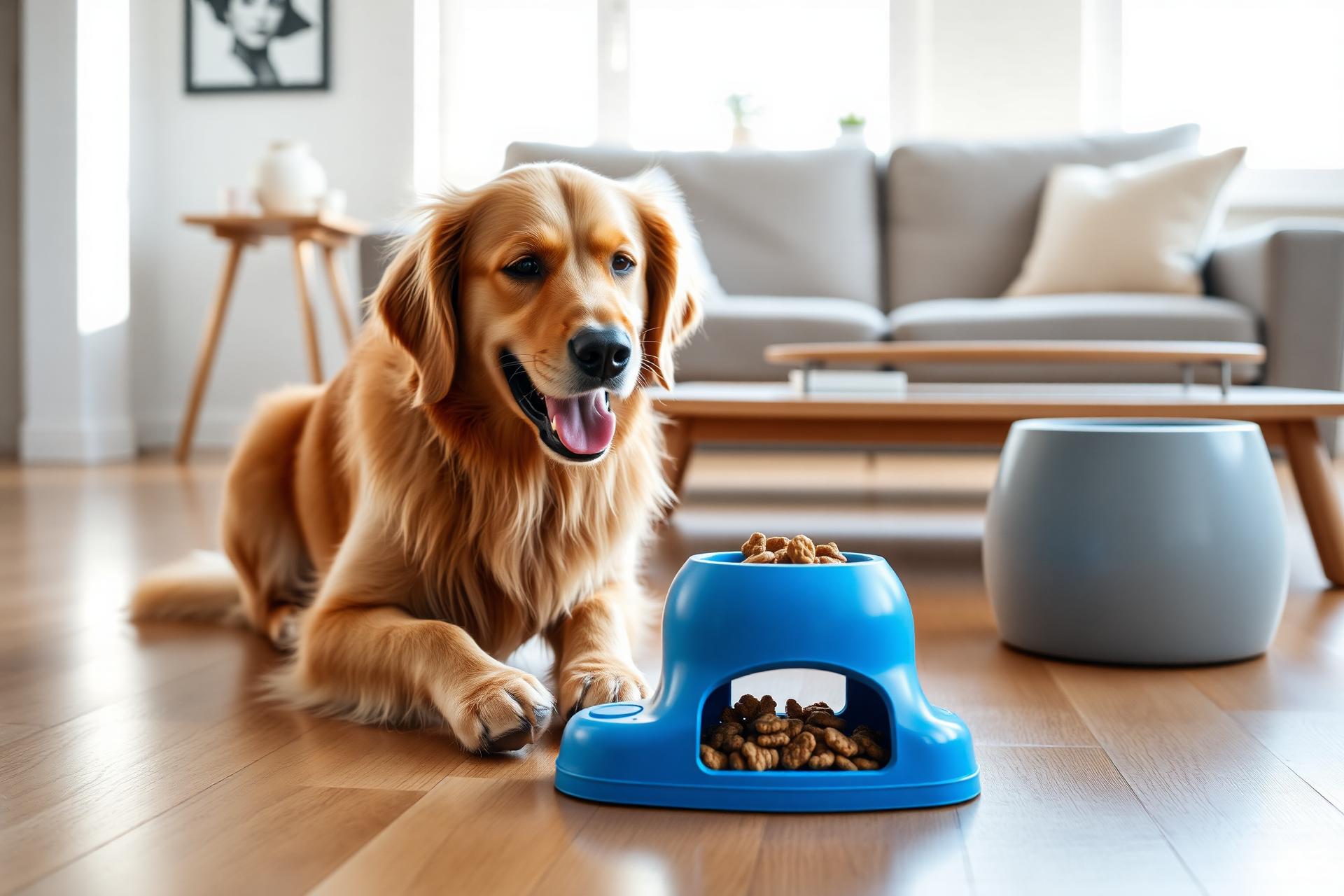 Happy golden retriever playing with a Petiolife interactive treat dispenser in a sunlit modern living room